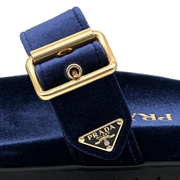 PRADA Triangle Logo Double Dual Band Velvet Flat Slide Dad Sandals Shoes - Picture 5 of 15